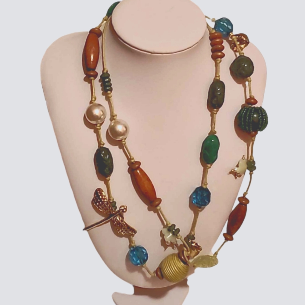 Long Chunky Necklace Boho Necklace Large Golden Dragonfly Tourquoise Green Brown